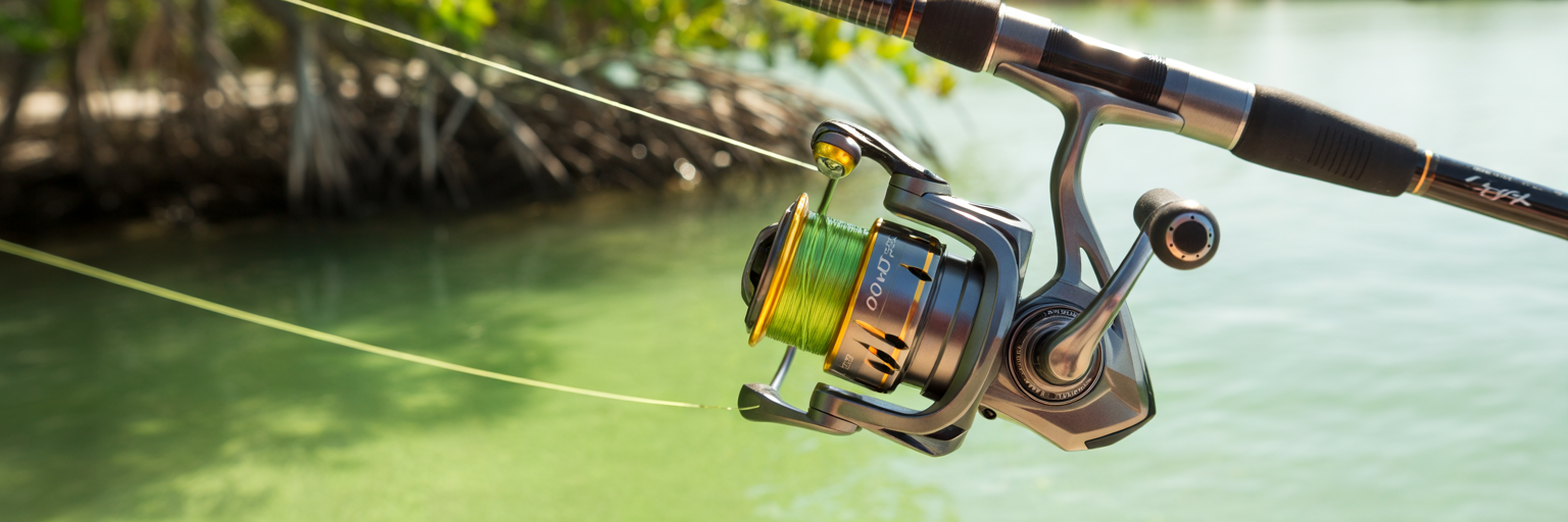 Inshore spinning reel on a fishing rod.