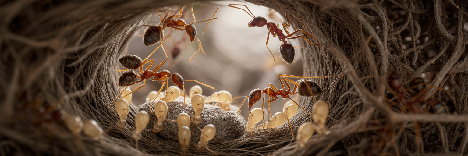 Inside a weaver ant nursery chamber.