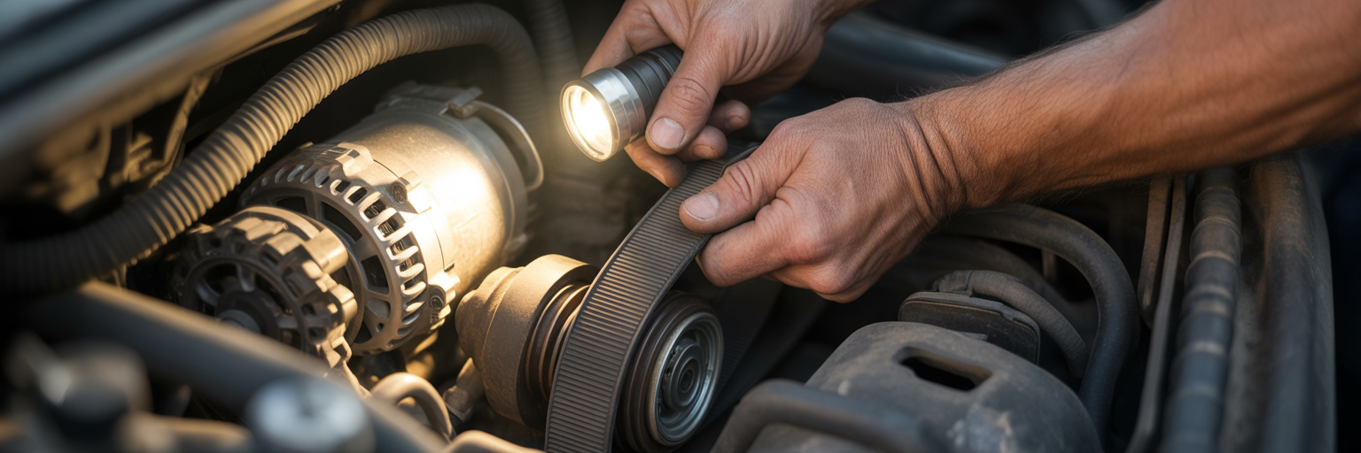 Inspecting a car's serpentine belt and alternator.