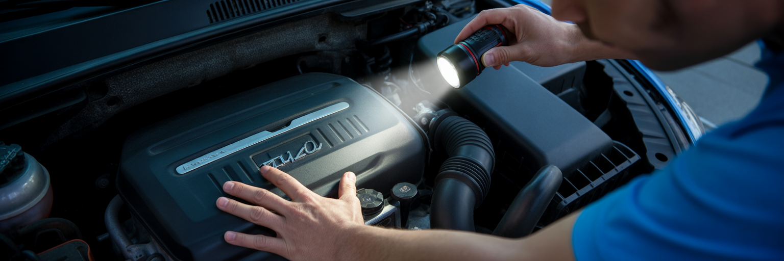 Inspecting a used car engine bay.