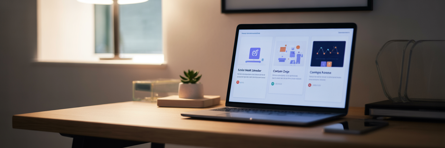 Integrated digital marketing platform dashboard on laptop.