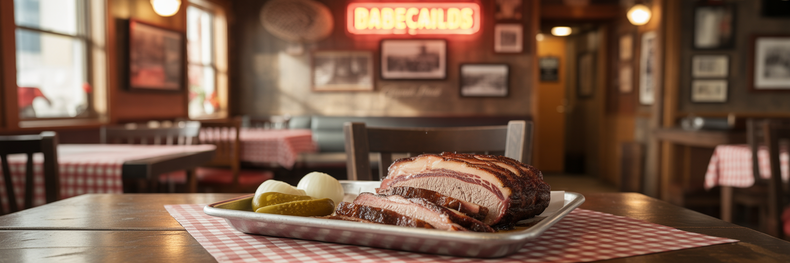 Interior of a classic Texas barbecue restaurant.