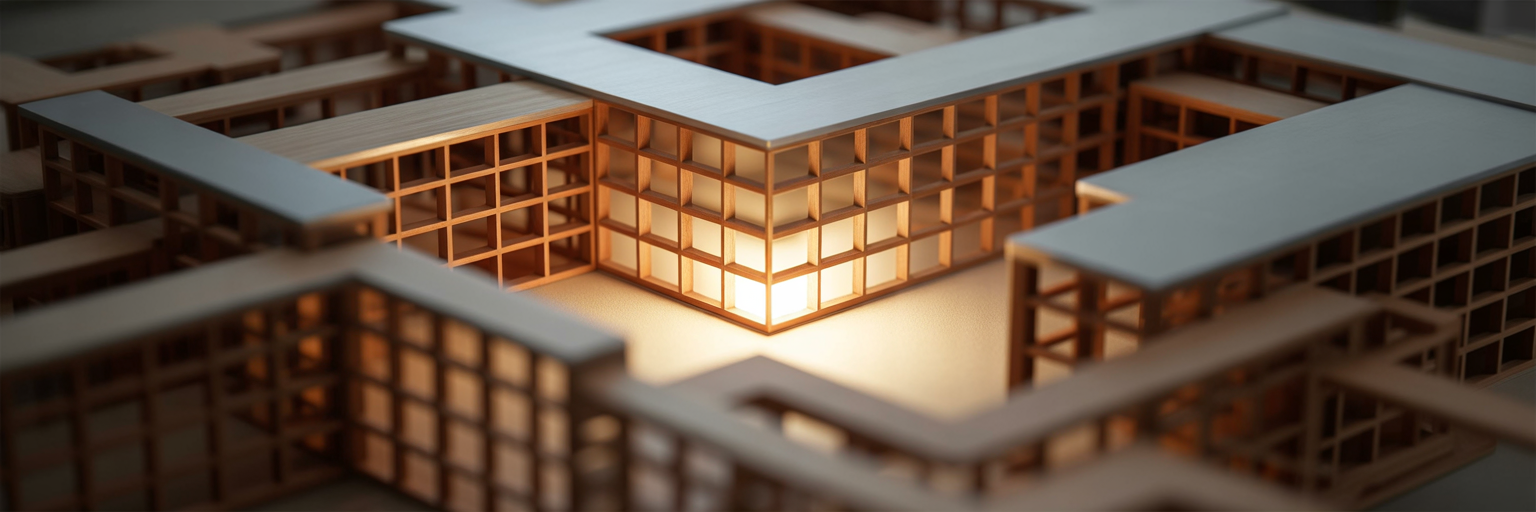 Intricate architectural model components fitting together.