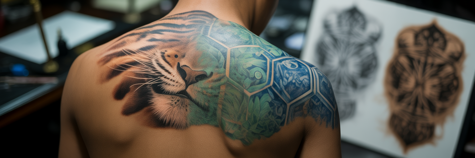 Intricate back tattoo blending cultural patterns.