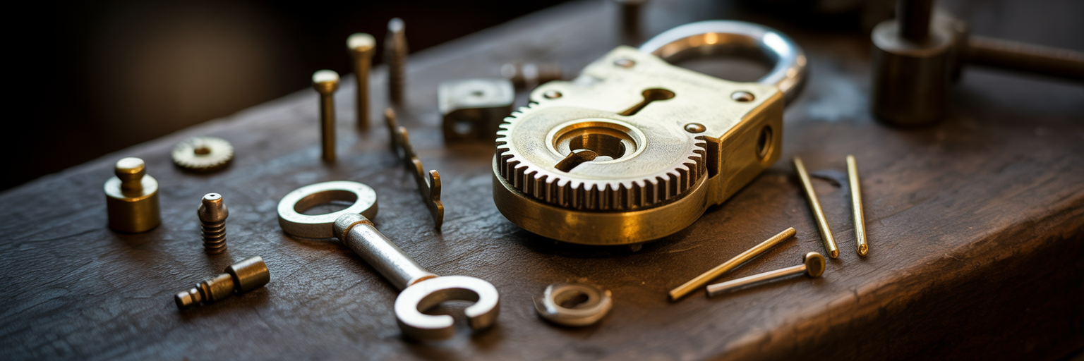 Intricate brass lock being disassembled.