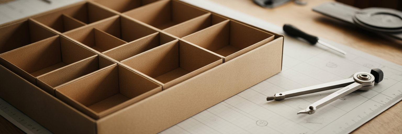 Intricate cardboard grid of advent calendar on workshop table.