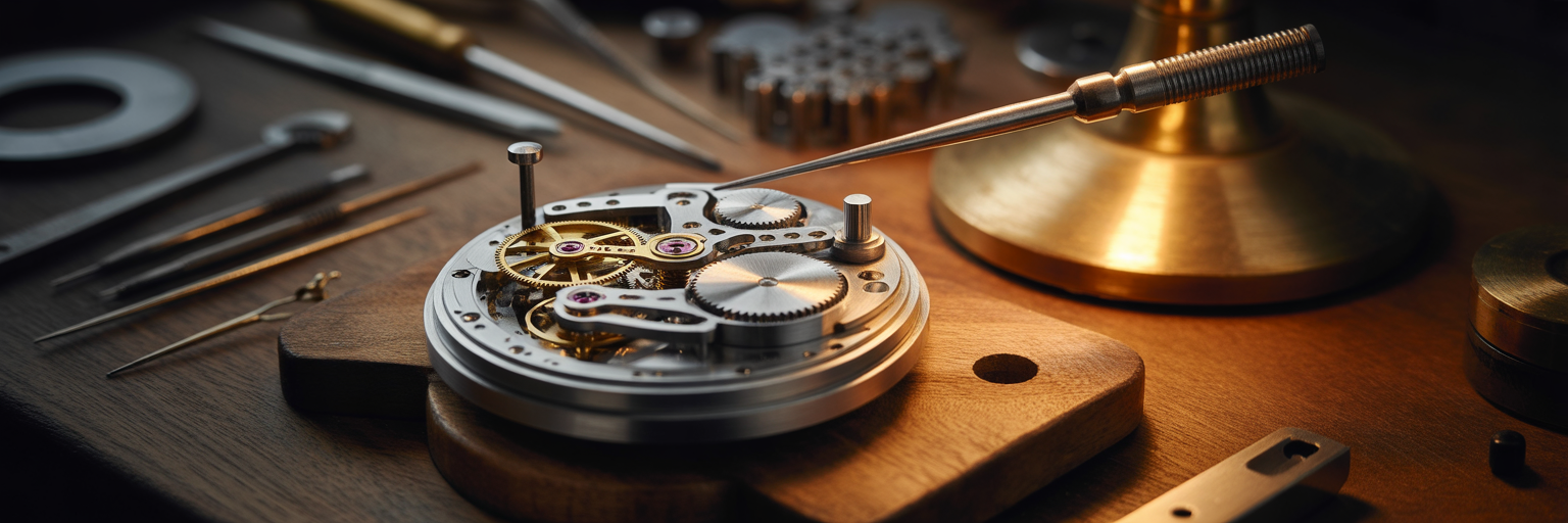 Intricate clockwork mechanism being precisely adjusted.