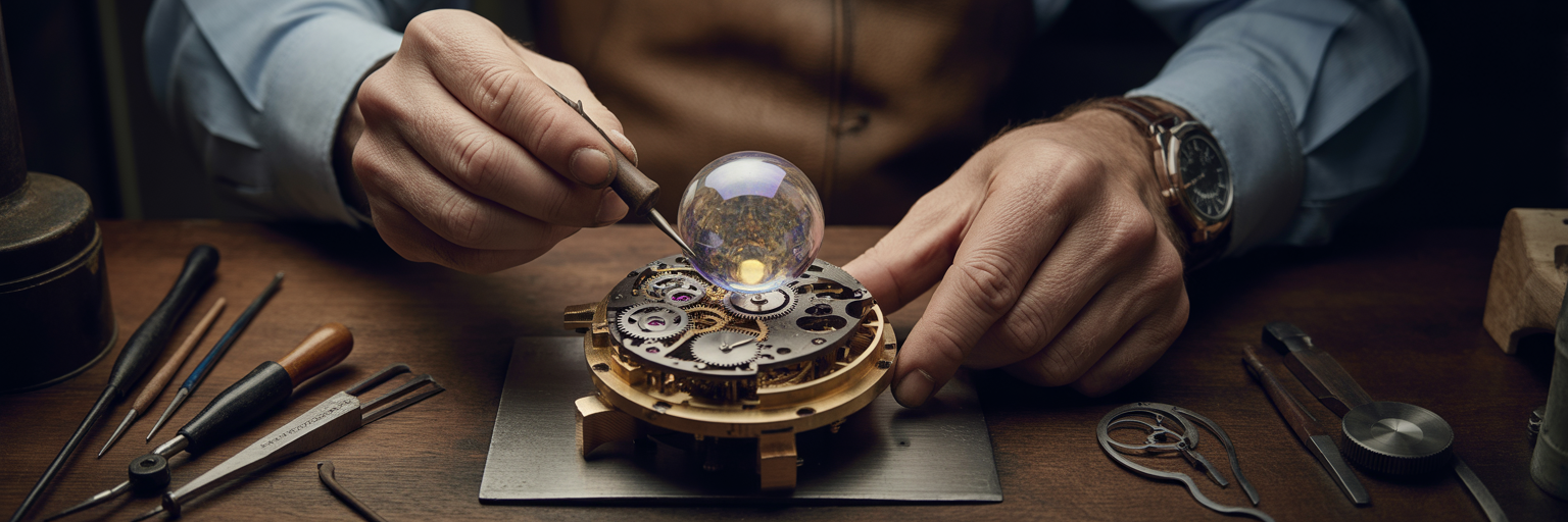 Intricate clockwork mechanism with glass sphere.