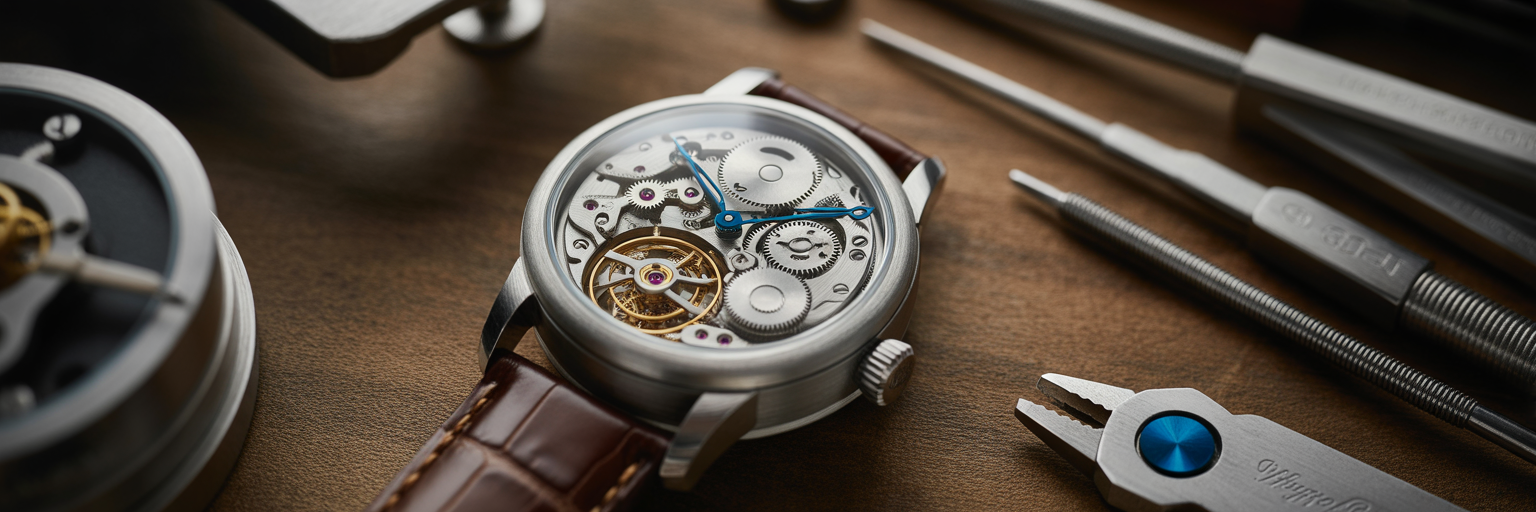 Intricate mechanical watch with transparent back.