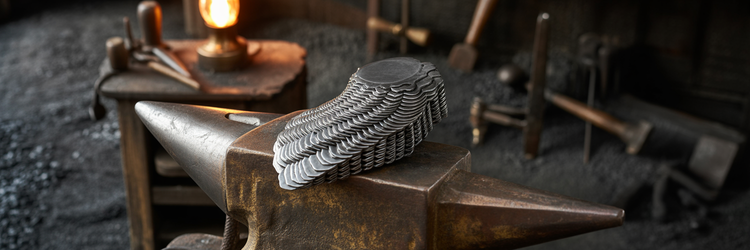 Intricate metallic scale mail on anvil.