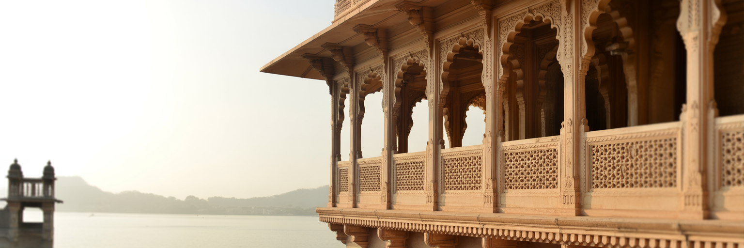Intricate sandstone carvings on a palace balcony in Rajasthan.