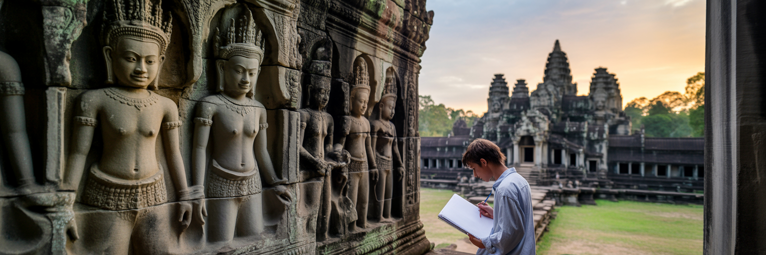 Intricate stone carvings at Bayon temple in Cambodia.