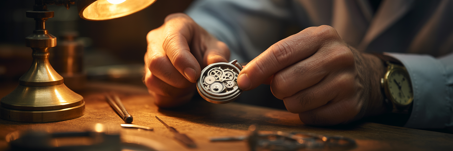 Intricate watch gears being carefully repaired.