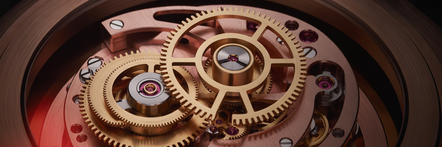 Intricate watch gears glowing red