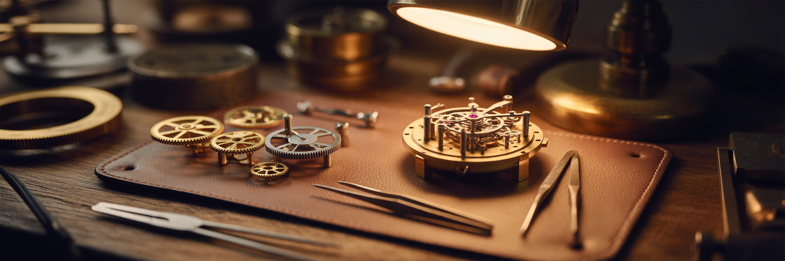 Intricate watch gears on a workbench.