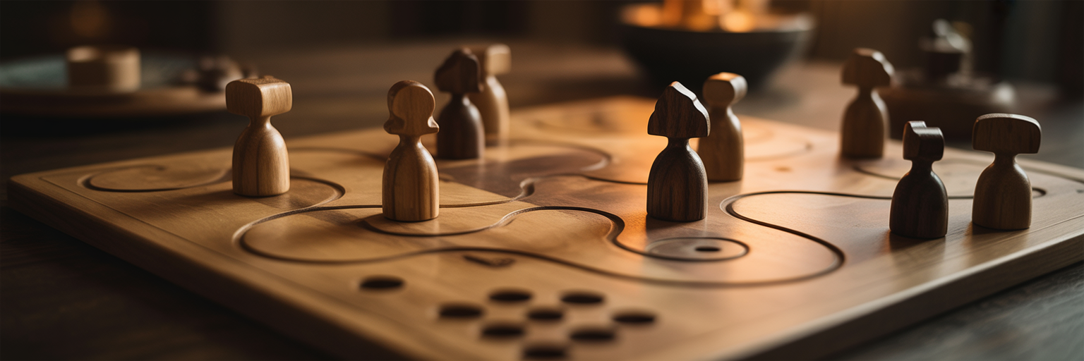 Intricate wooden board game in progress.
