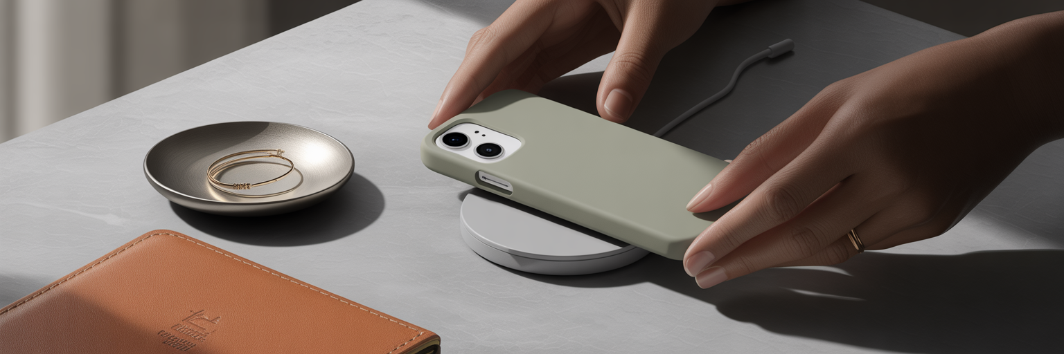 iPhone in chic case on MagSafe charger.