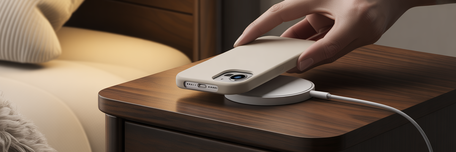 iPhone with stylish case on MagSafe charger