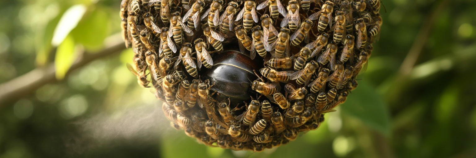 Japanese honeybees swarming a hornet