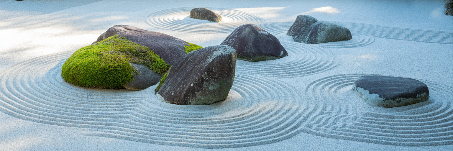 Japanese rock garden with raked sand.
