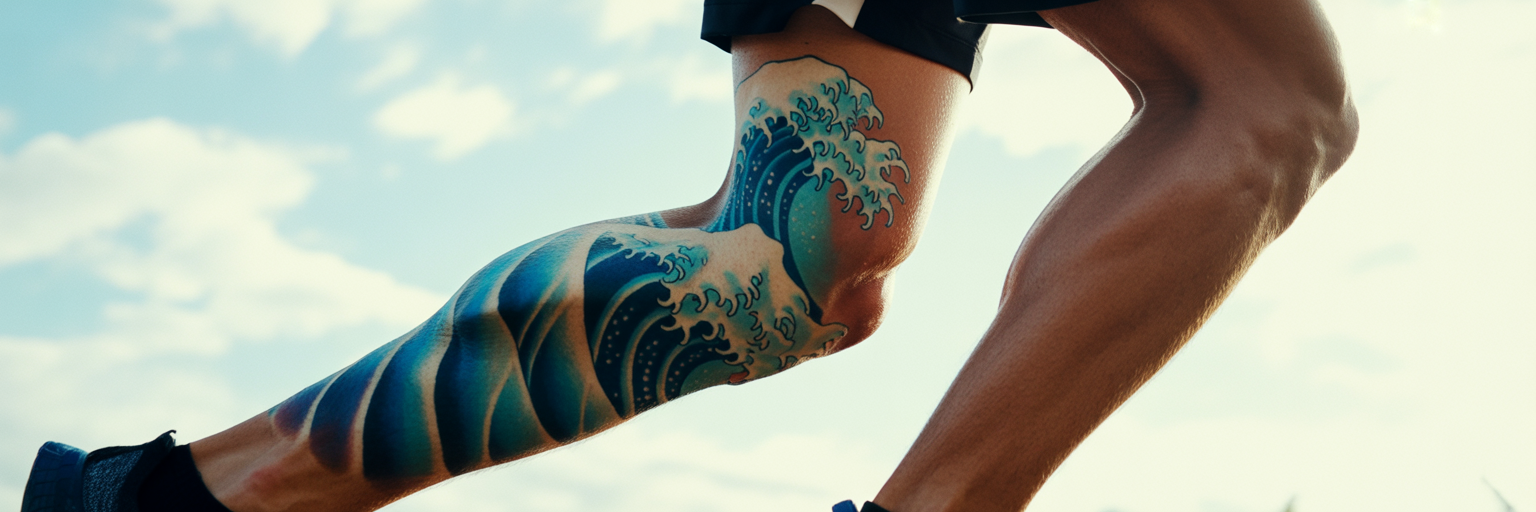 Japanese wave wrap-around calf tattoo