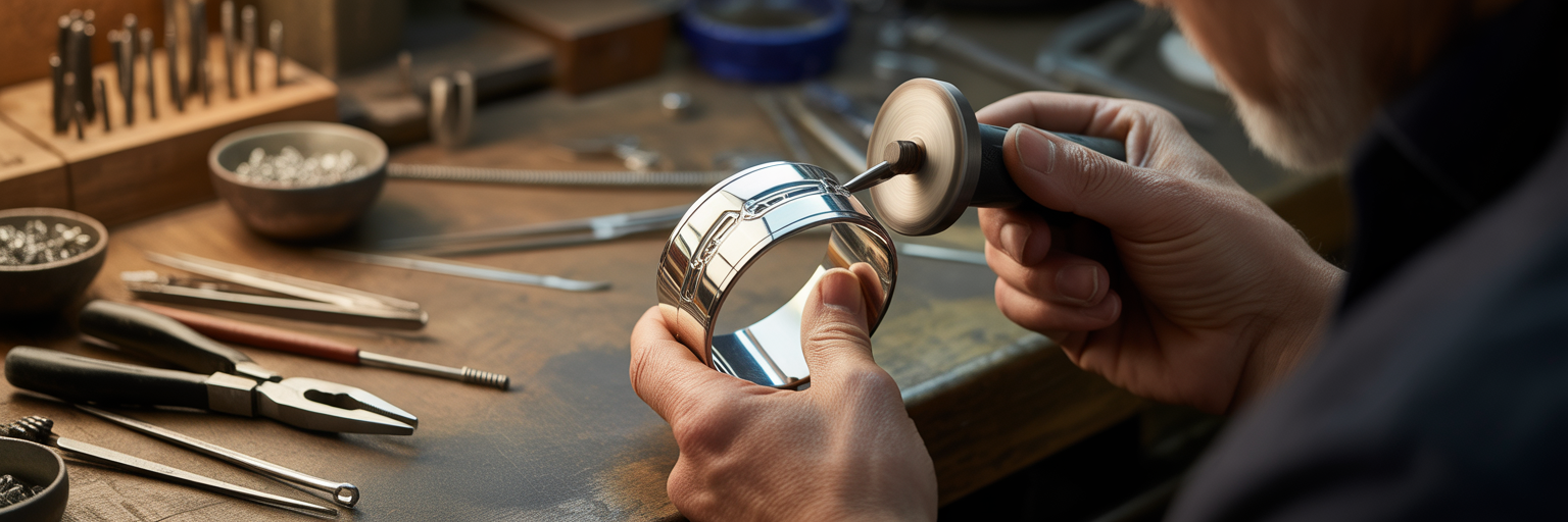 Jeweler polishing a metallic smart cuff.