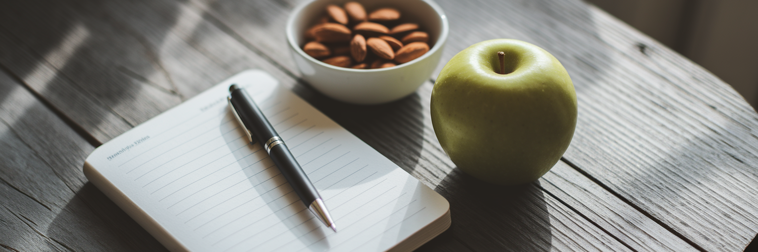 Journal and healthy snack on a table.