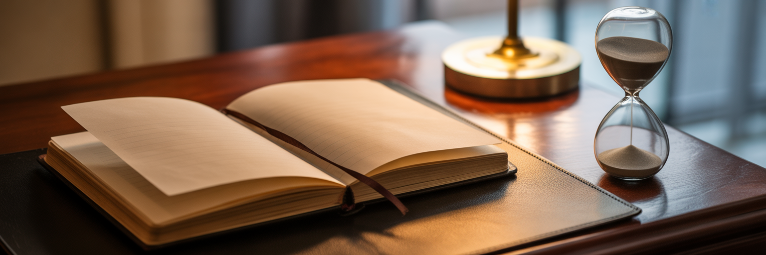 Journal and hourglass on a desk.