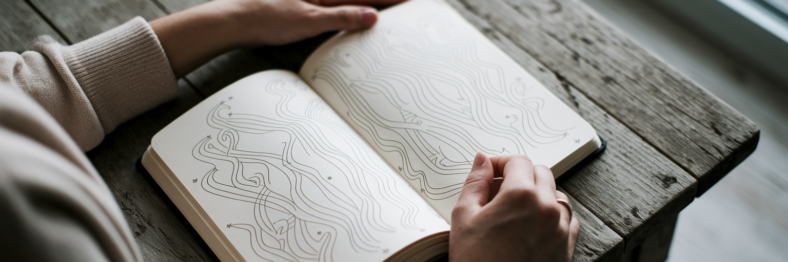 Journal with abstract light language symbols.