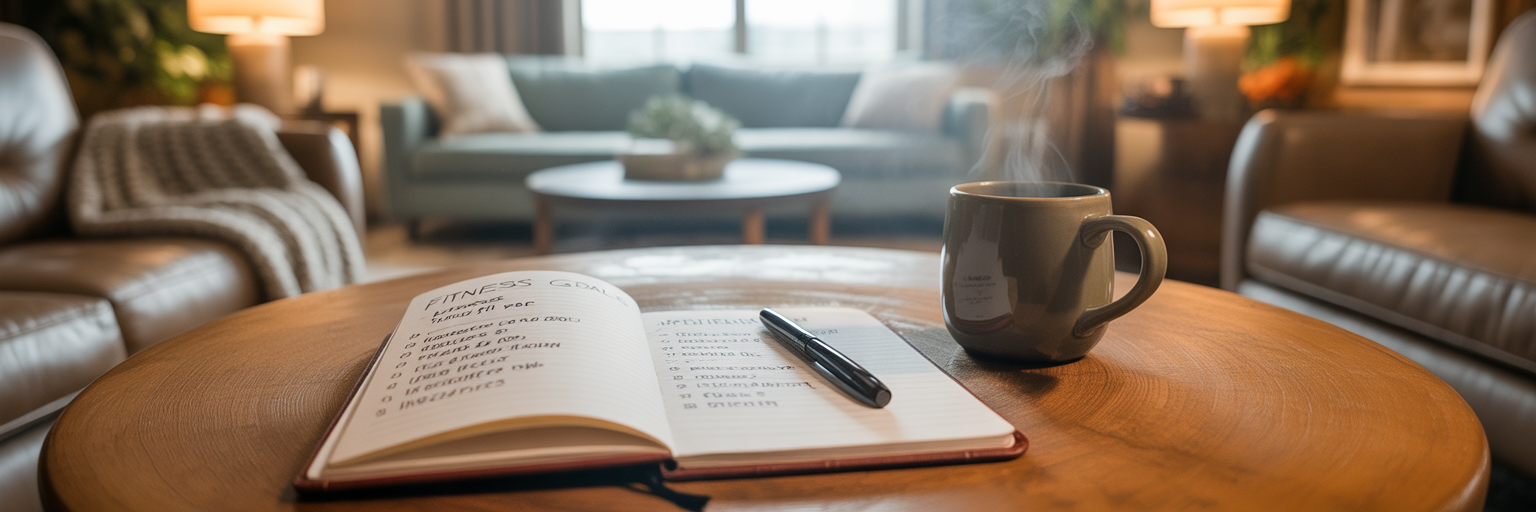 Journal with fitness goals on a coffee table.
