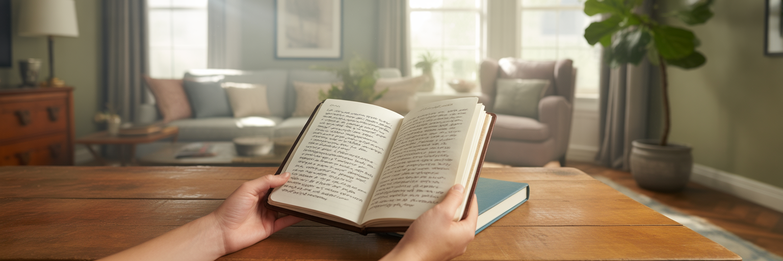 Journaling with notes in sunlit room