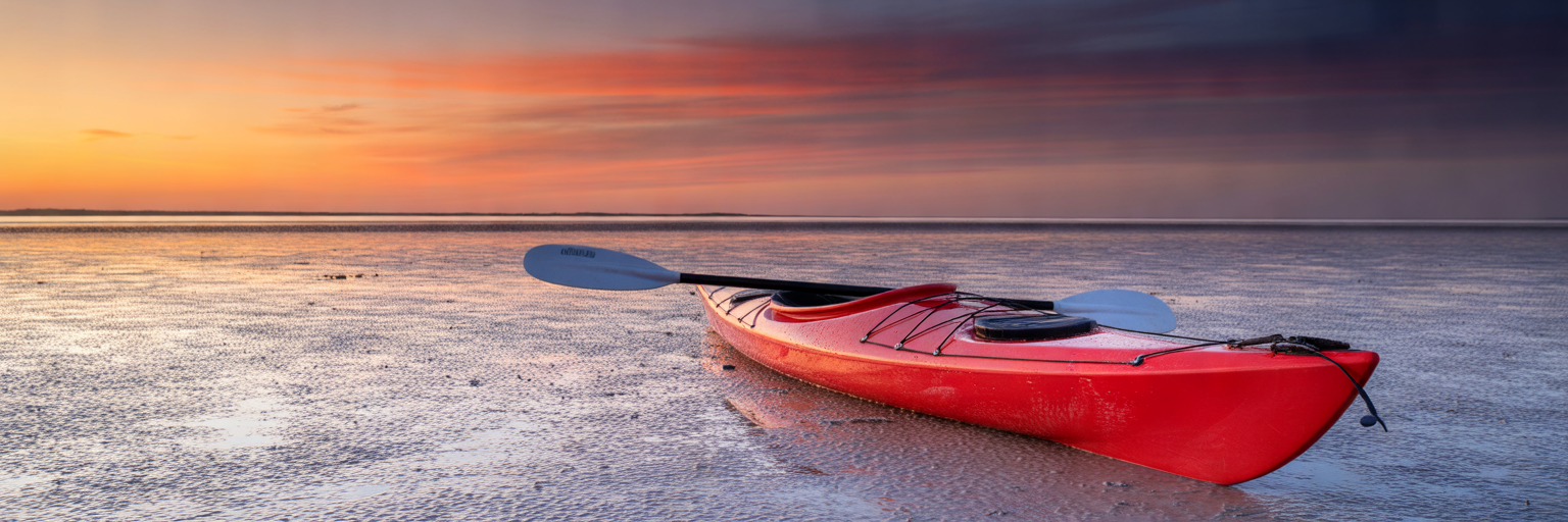 Kayak stranded on a mud flat