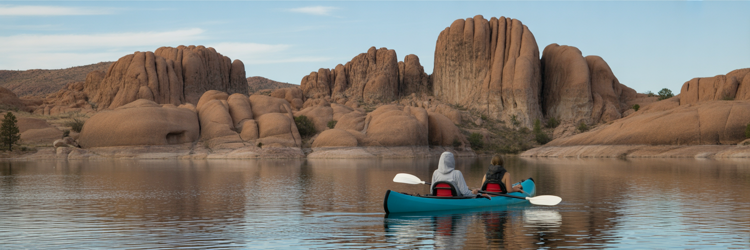 Kayakers paddling near the Granite Dells at Watson Lake.
