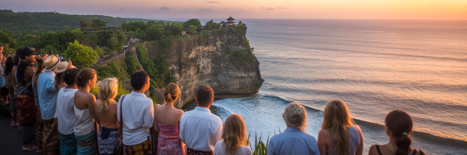 Kelompok wisatawan di Pura Uluwatu saat matahari terbenam