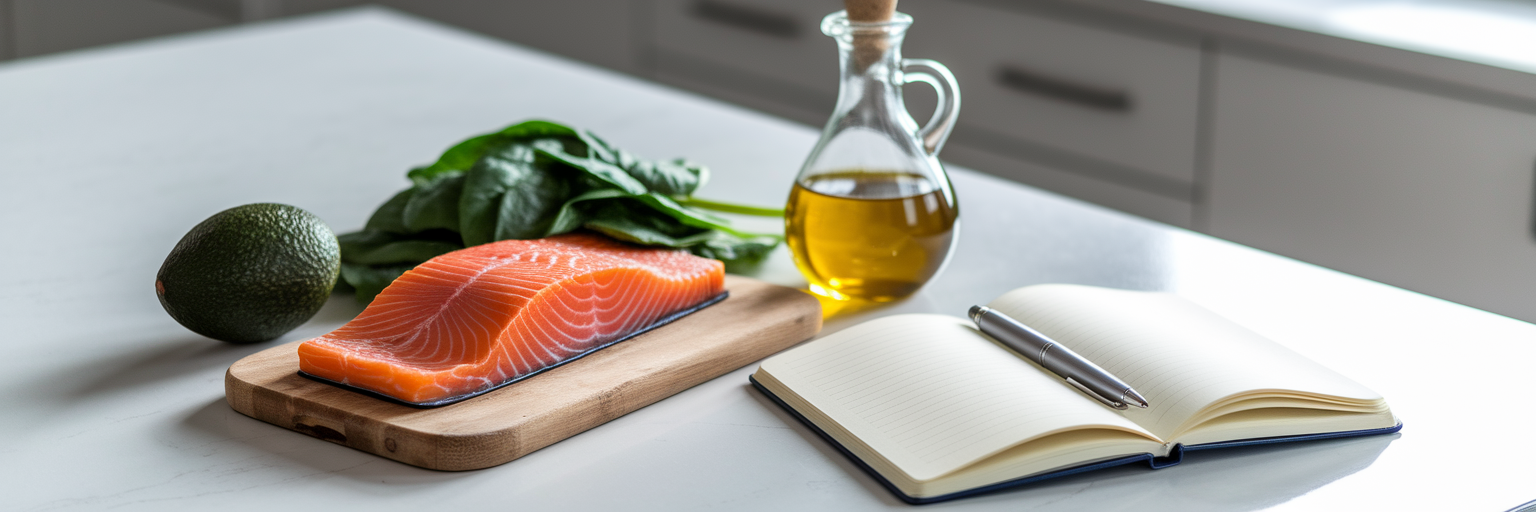 Keto ingredients and notebook on kitchen counter.
