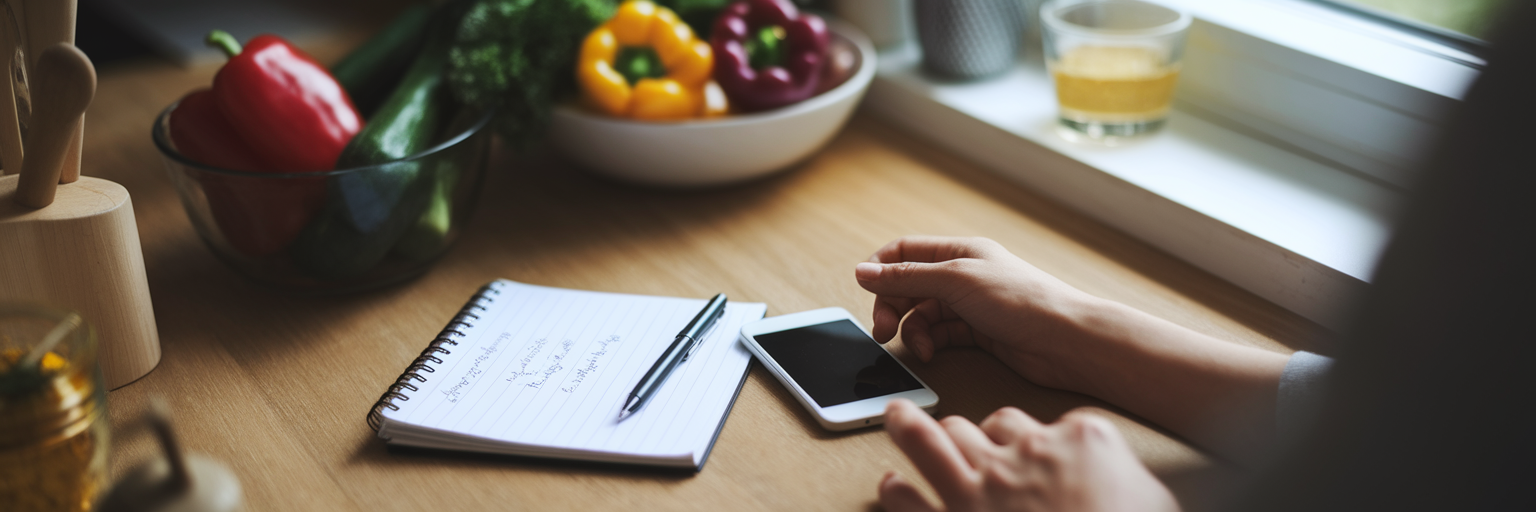 Kitchen counter with vegetables and smartphone.