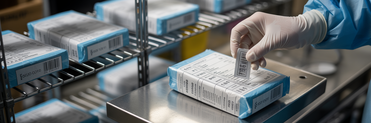 Labelling sterile instrument pack for storage.