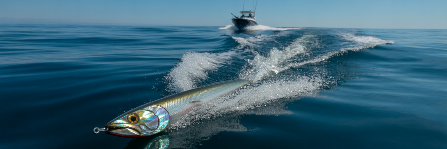 Large abalone resin trolling lure in boat wake.