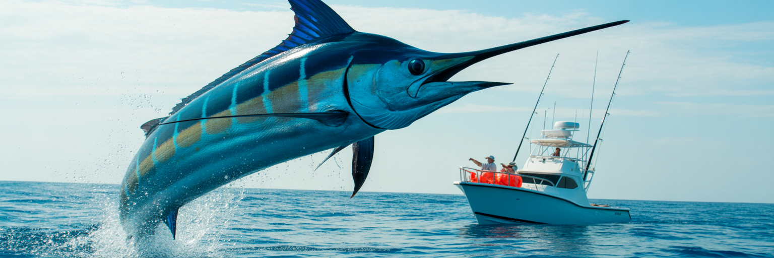 Large blue marlin fighting offshore boat.