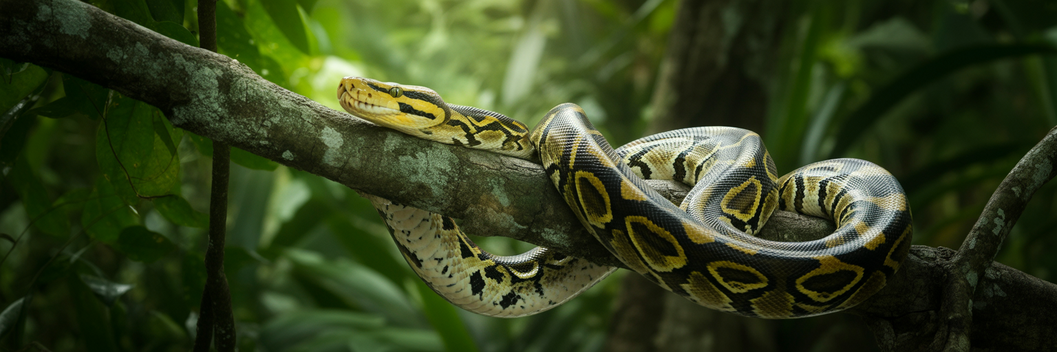 Large reticulated python coiled on branch.