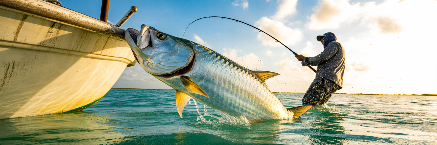 Large tarpon jumping near boat.