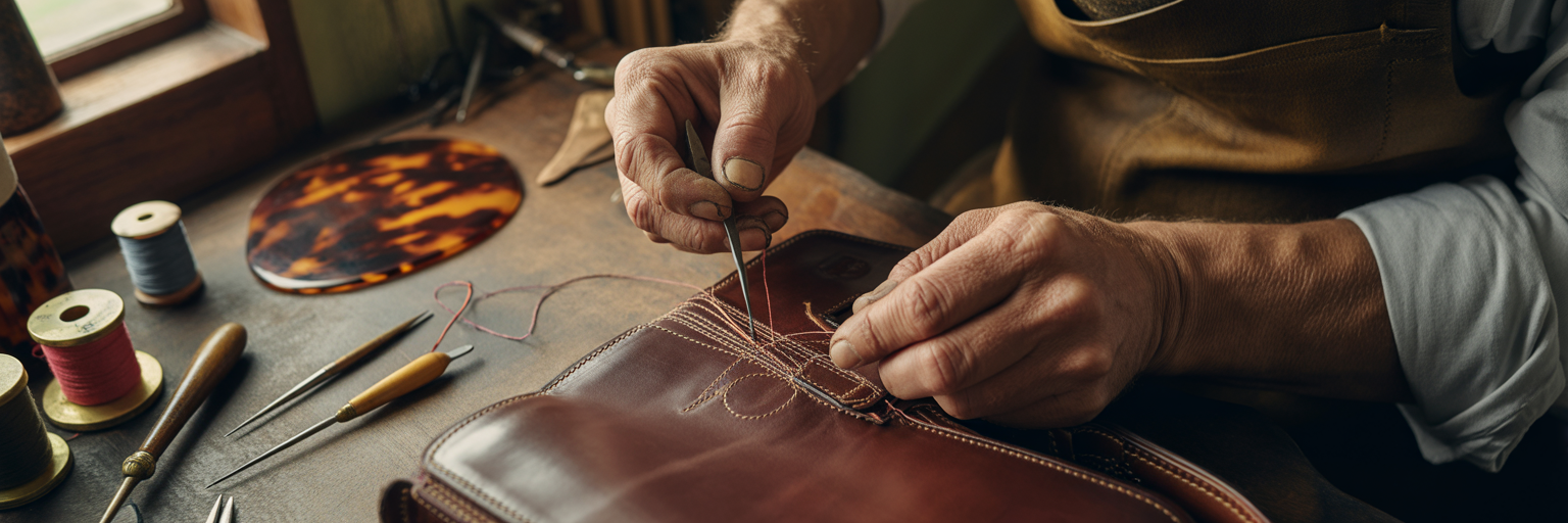 Leather craftsman's workshop with tortoiseshell inspiration.