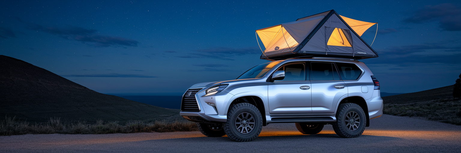 Lexus GX 470 with rooftop tent at campsite.