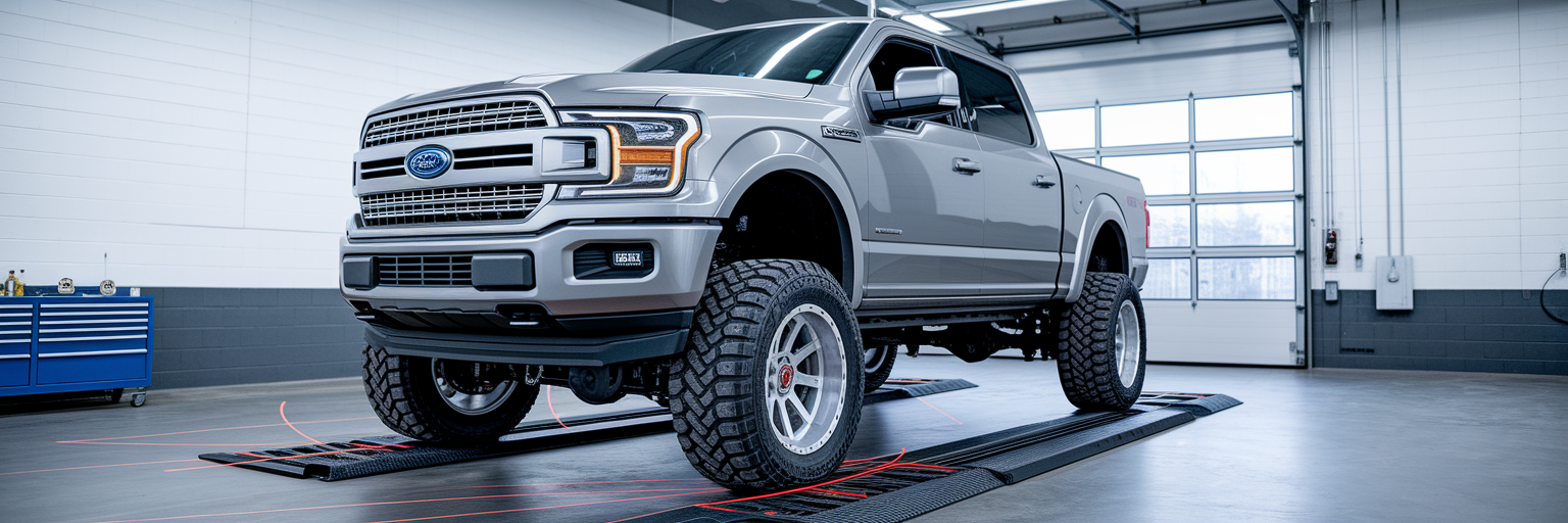 Lifted truck on a wheel alignment rack.