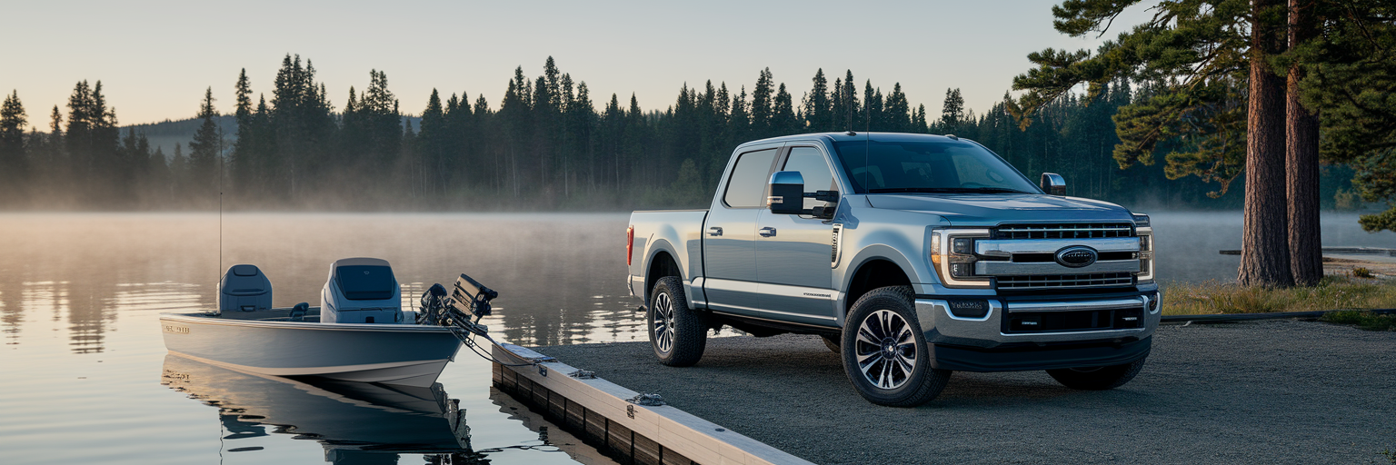 Light-duty truck with fishing boat at lake.