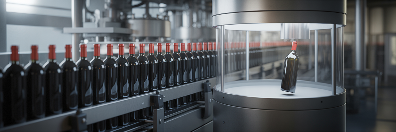 Ligne d'embouteillage de vin automatisée avec contrôle qualité.