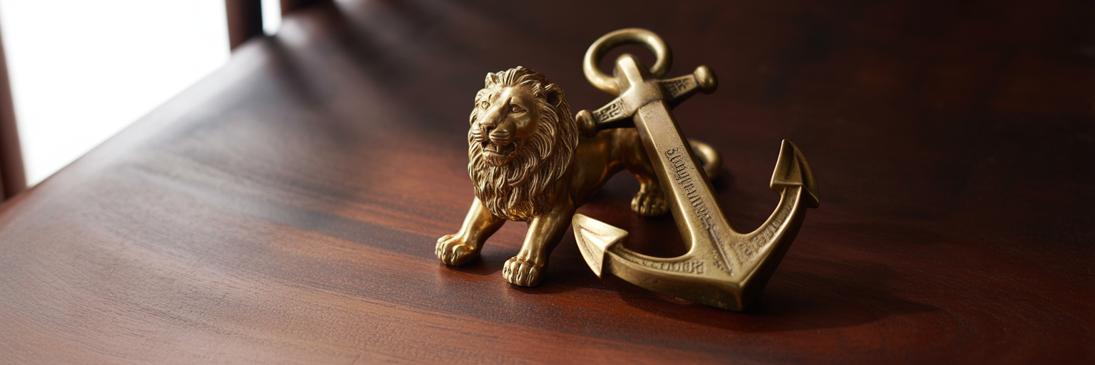 Lion figurine and anchor symbolizing strength.