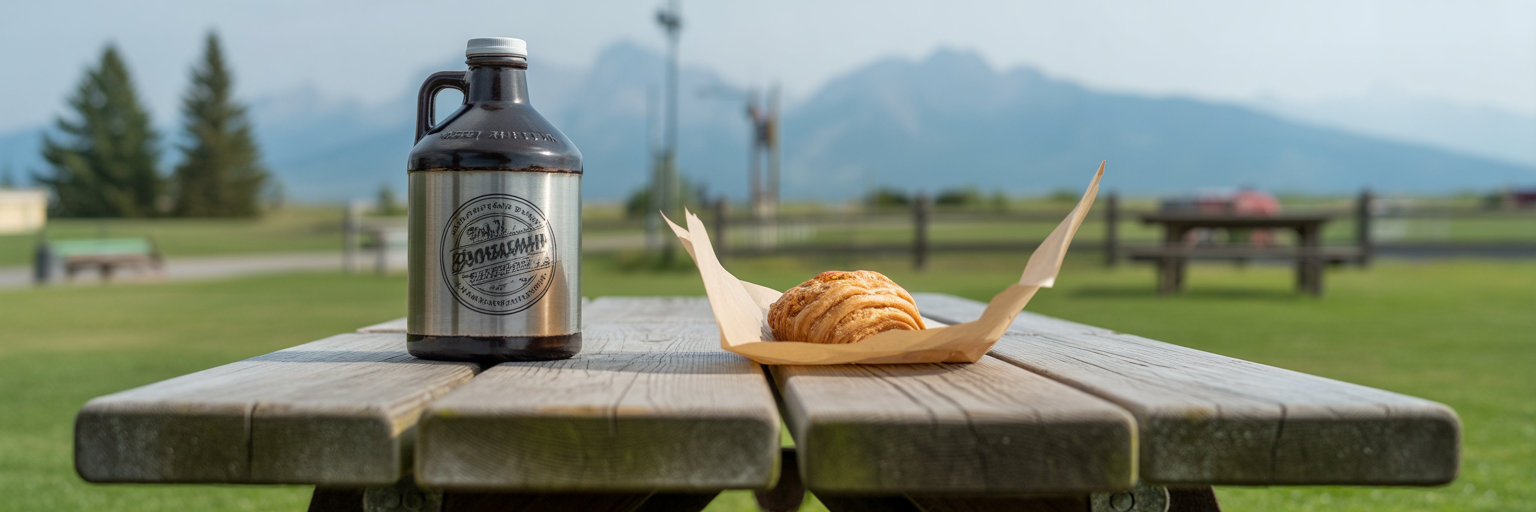 Local beer and pastry on Bozeman park table