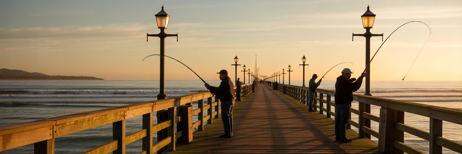 Local fishermen on Cayucos pier at sunset.