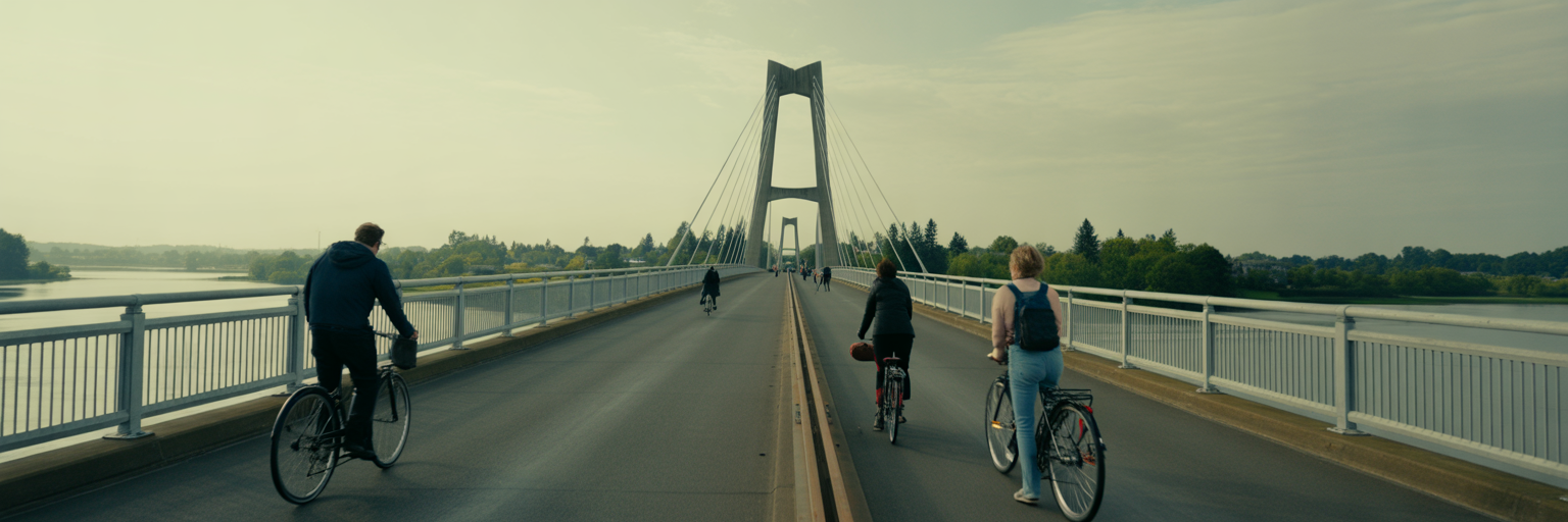 Locals crossing the Peter Courtney Minto Island Bridge.